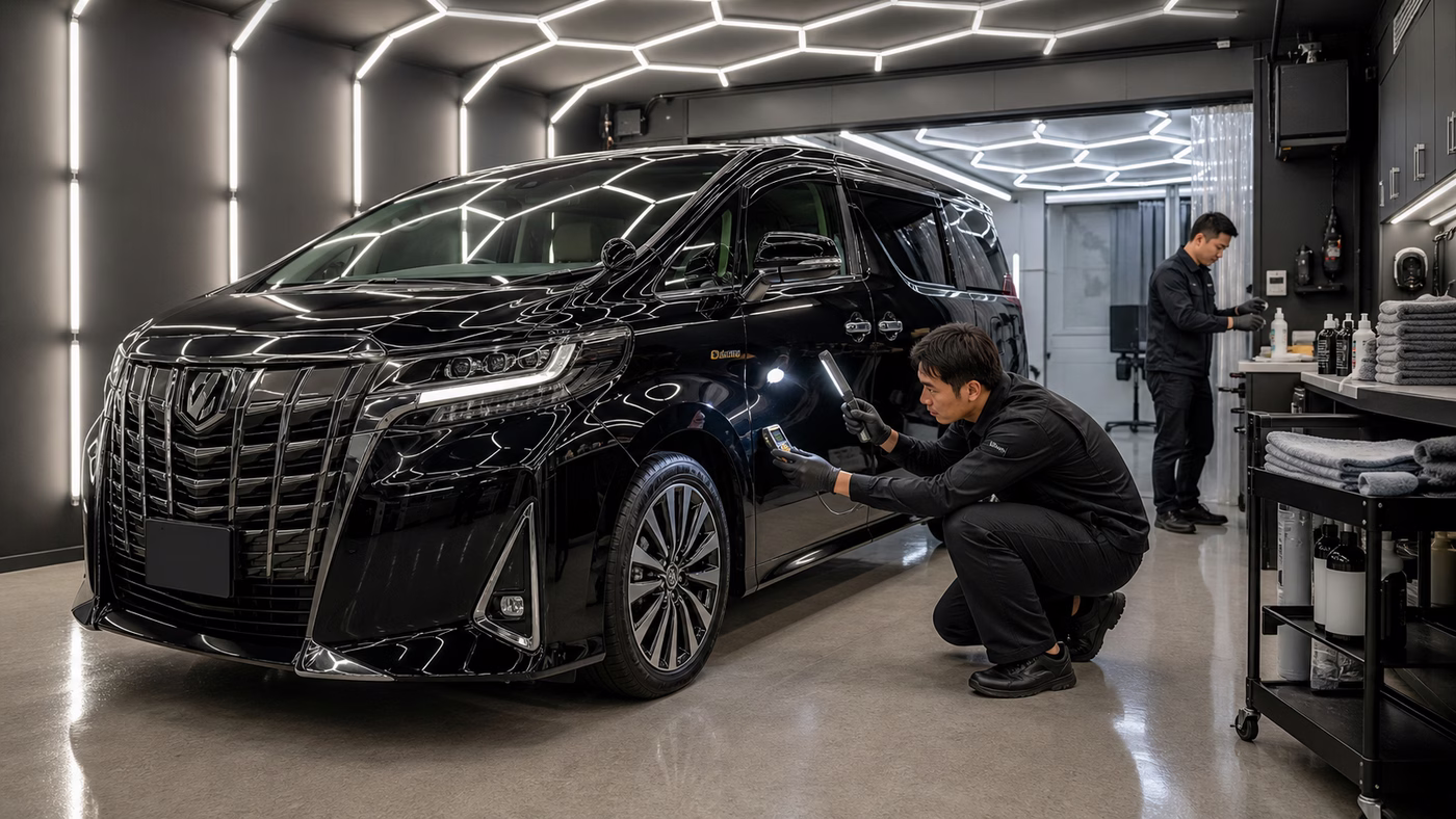 六角LED照明の専用ブースで黒いアルファードの塗装状態を診断し、施工準備を行う技術者