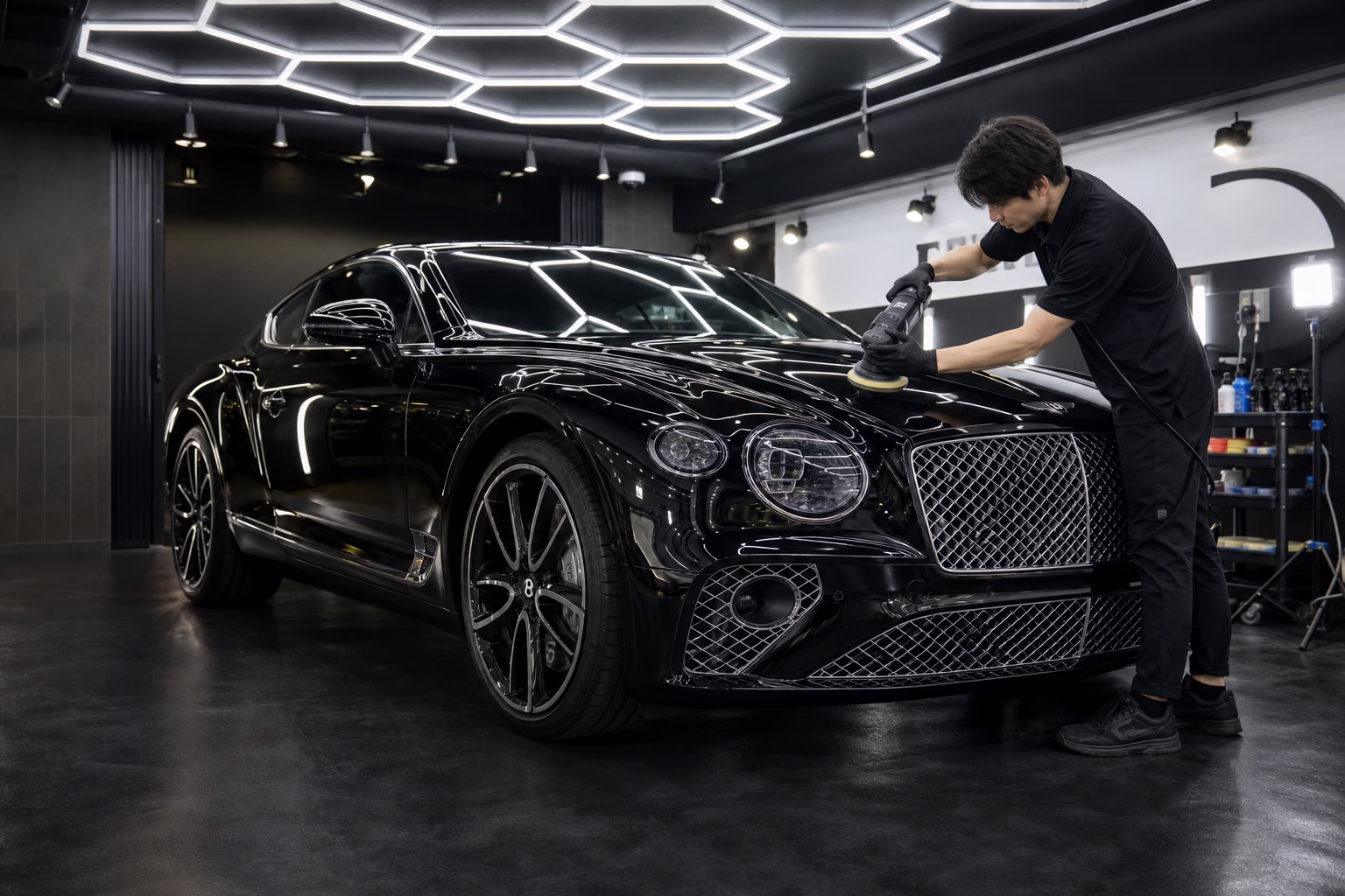 明るい六角LED施工ブースで黒いベントレー・コンチネンタルGTのフロントをポリッシャーで磨く職人