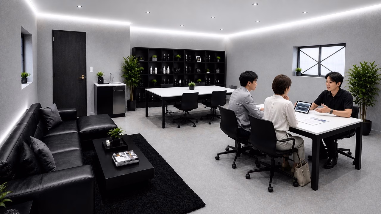 MIYABIの事務所でお客様へコーティングプランをご説明する店舗スタッフ