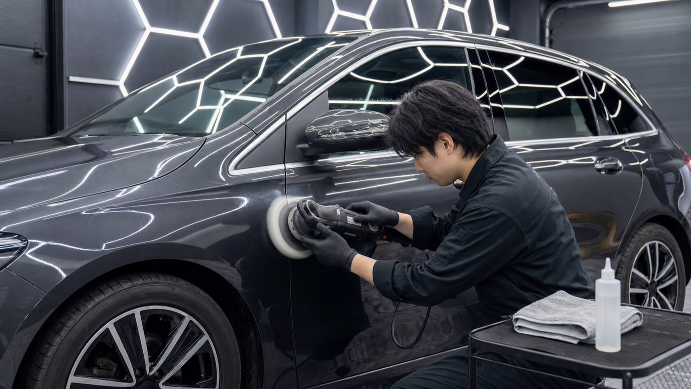 六角LED施工ブースでメルセデス・ベンツBクラスをポリッシャー研磨する男性スタッフ